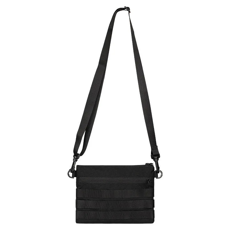 Black tactical waist pack made from Oxford cloth measuring 18cm by 3.5cm