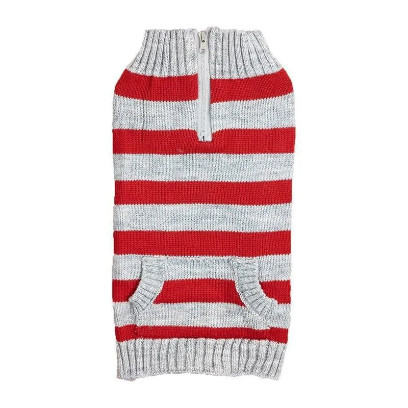 Grey dog sweater with horizontal zipper and button pocket for small to medium pets