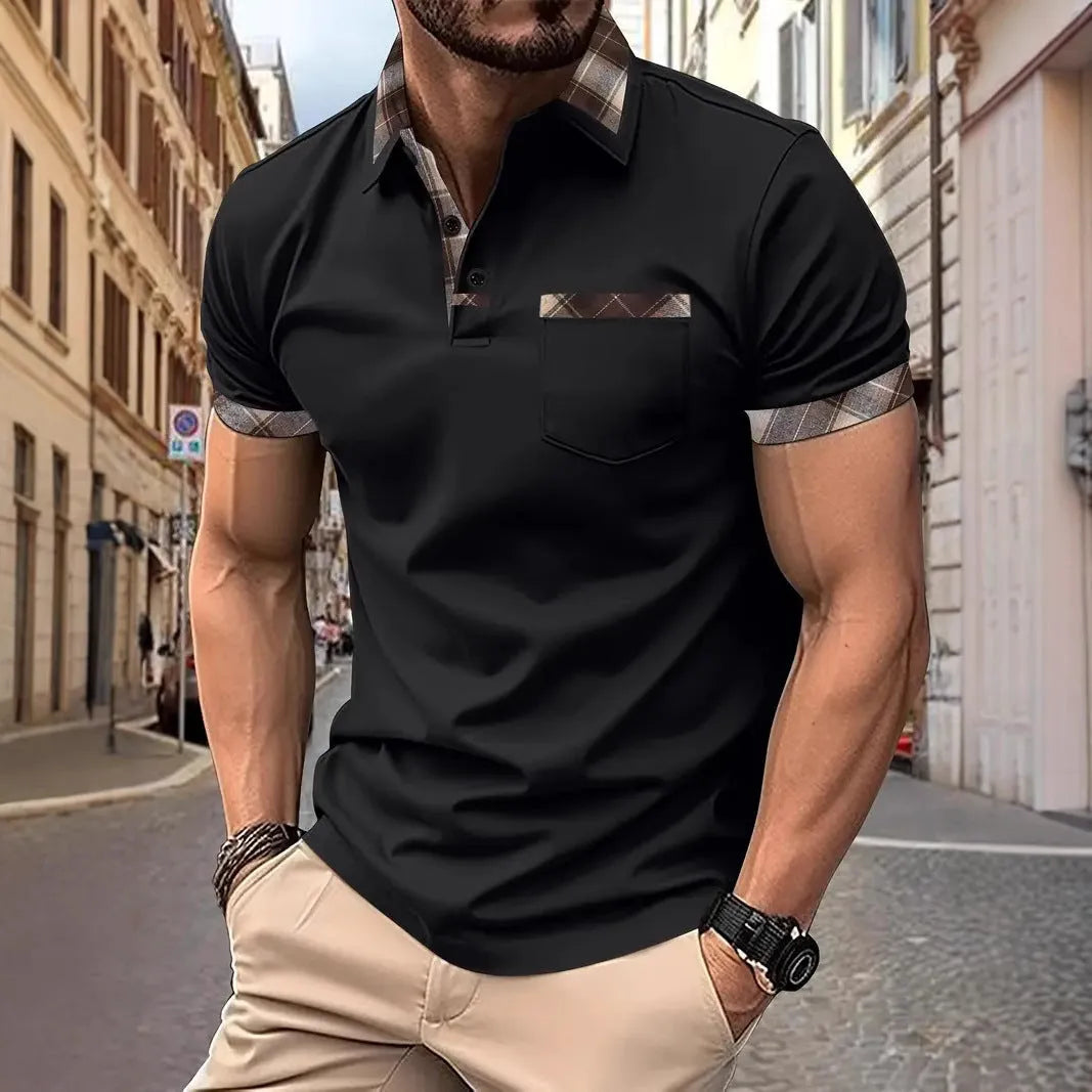 Men's loose fit plaid colourblock t-shirt with short sleeves and zipper decorations.