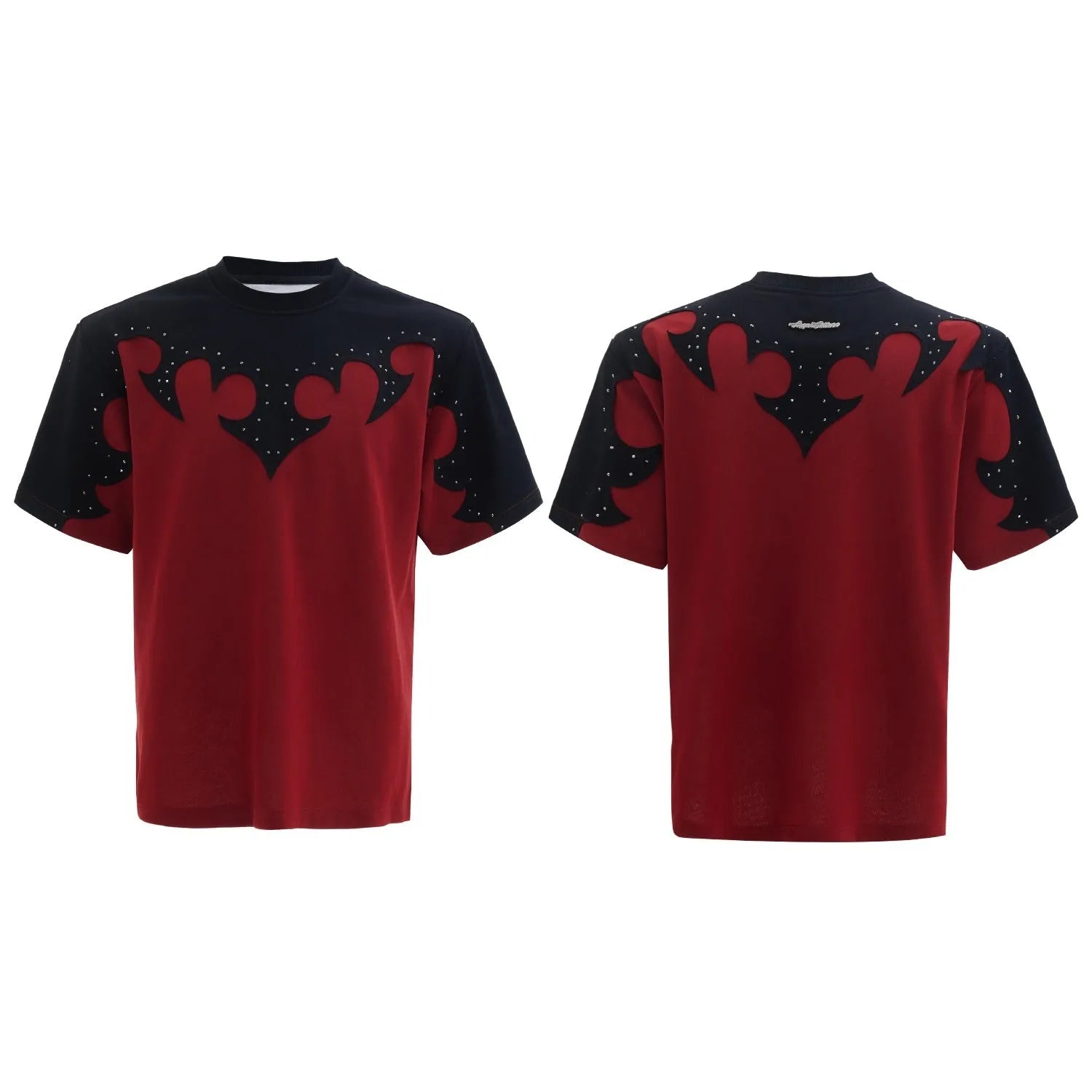 Men's burnt flower rhinestone stitch cotton shirt with drop-shoulder sleeves in red, white, and grey colours