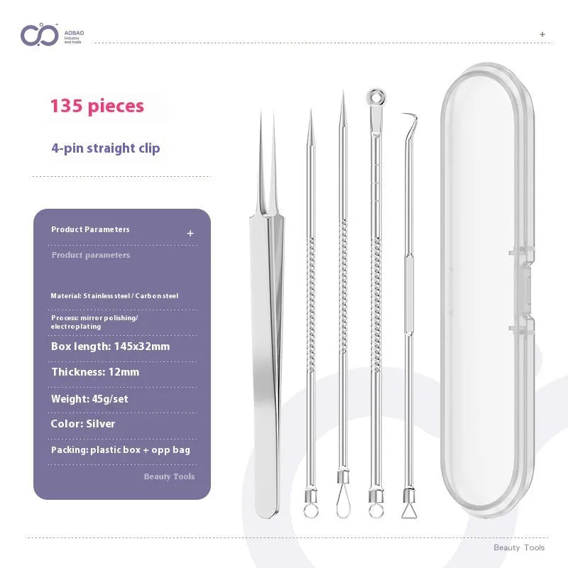 Four silver metal acne needles with ultra-fine pointed tips for skin treatment.