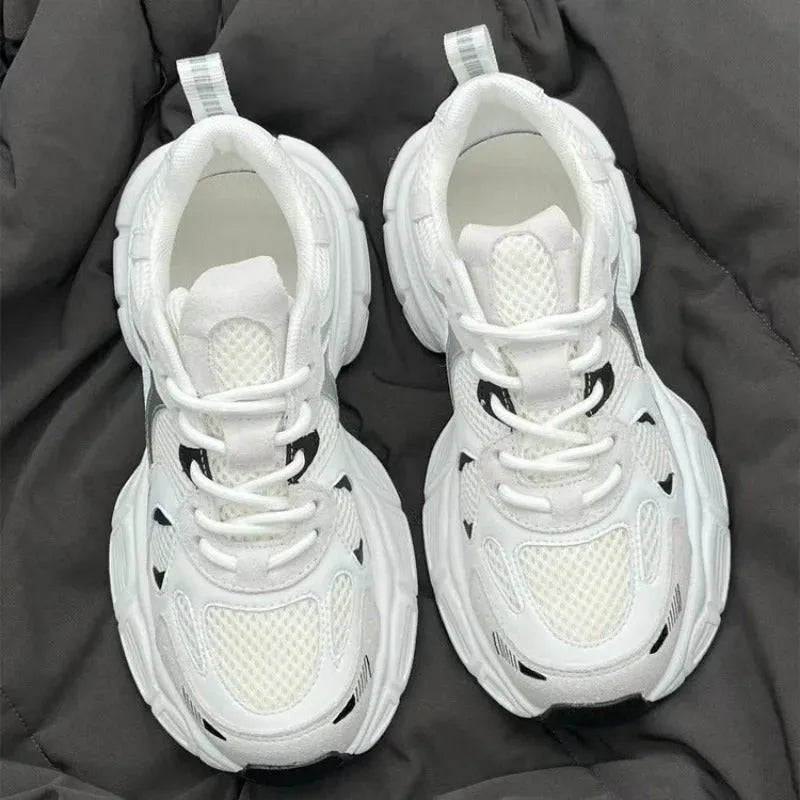 Beige Polar Wave women's mesh platform sports shoes with a wedge heel and lace-up front.