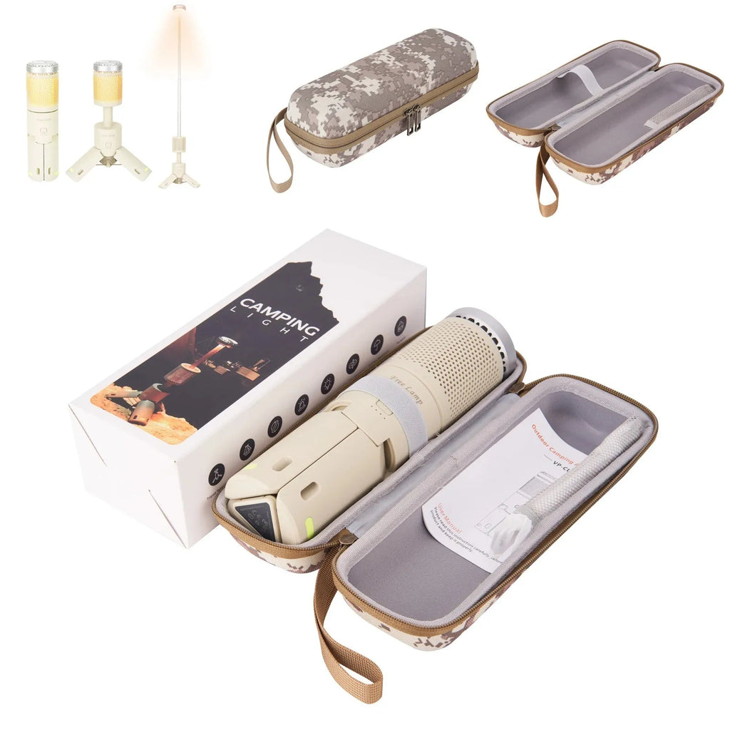 Creamy white and dark grey portable battery-powered LED camping lantern with button switch