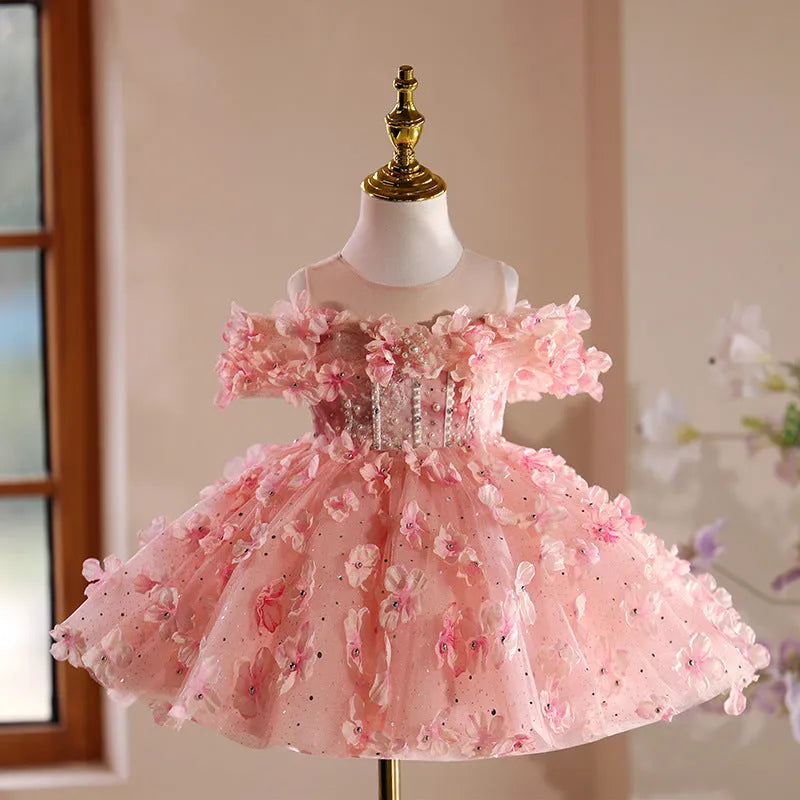Girls' pink polyester pettiskirt princess dress with full layered skirt suitable for heights up to 150cm