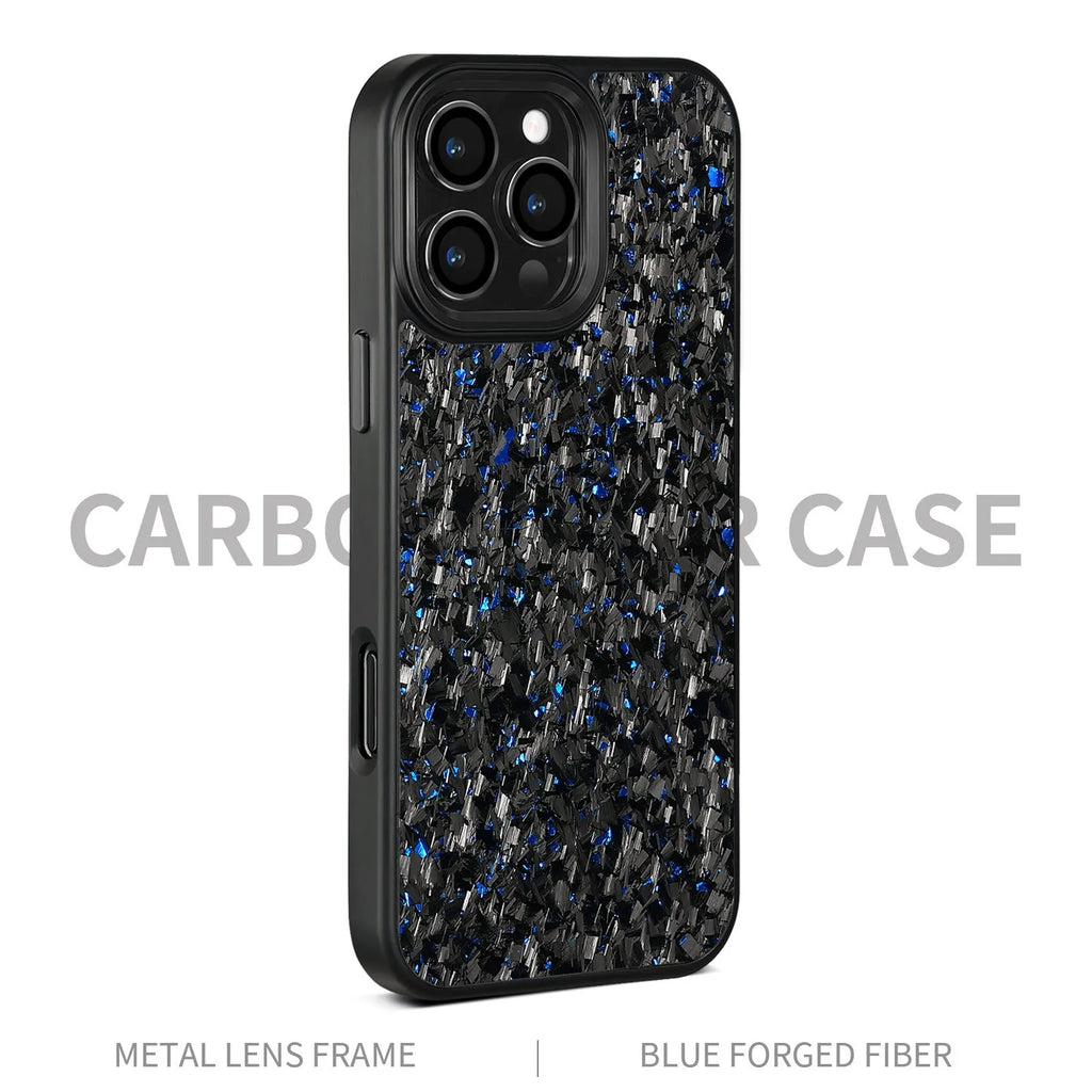 Black metal frame phone case with carbon fibre back for iPhone 16 Pro Max