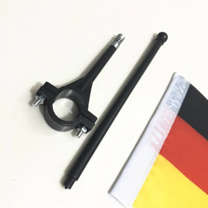 Plastic handlebar flagpole with square polyester fabric flag attached for cycling or promotional use