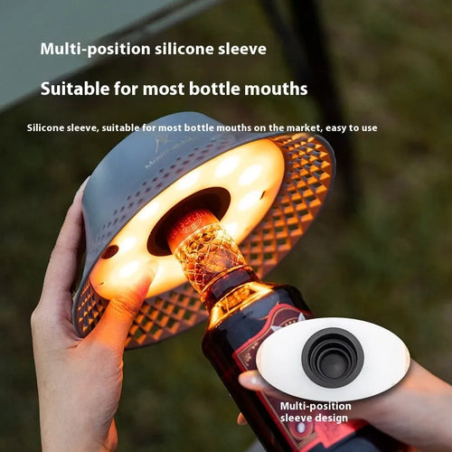 Beige wine bottle shaped camping lantern with LED lights and USB-C charging port