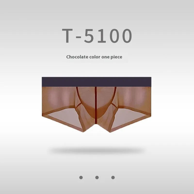 Men's seamless low waist underwear in ice silk nylon fabric showing ultra-thin sheer construction
