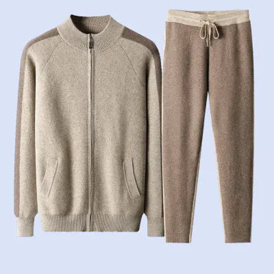 Men's cashmere wool blend cardigan suit with half turtleneck zipper top and matching trousers in winter sports style