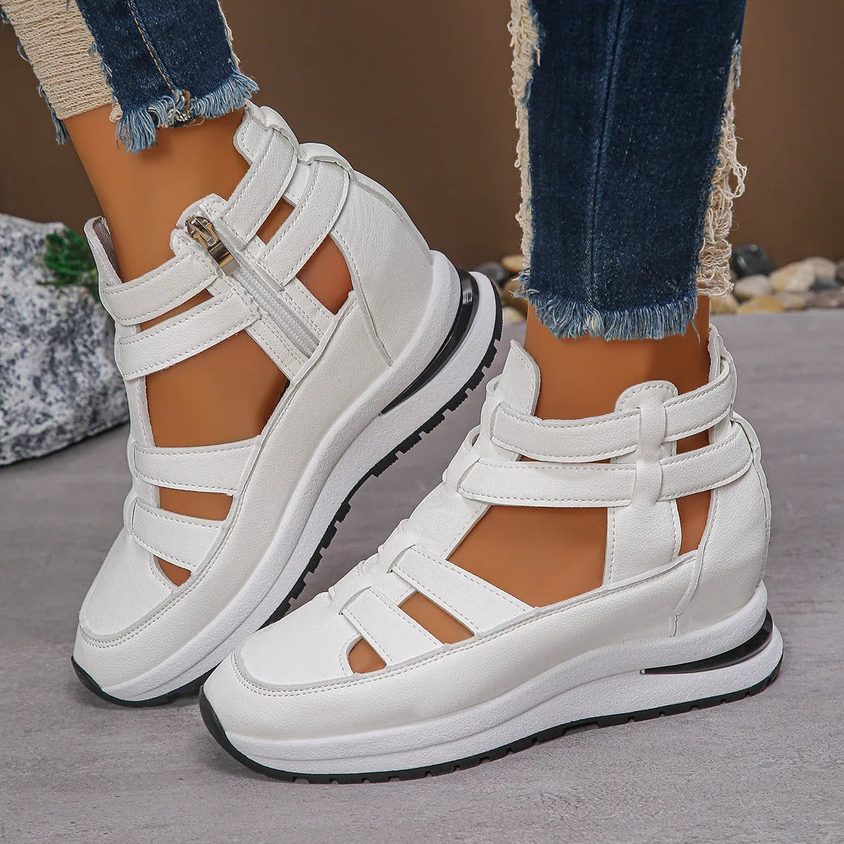Women's black close-toed platform sandals with hollow-out design and Velcro strap