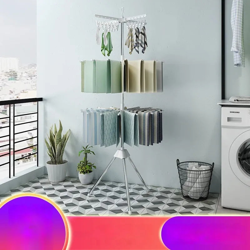 Stainless steel three-layer mobile drying rack with plastic clips and a clothes hanger.