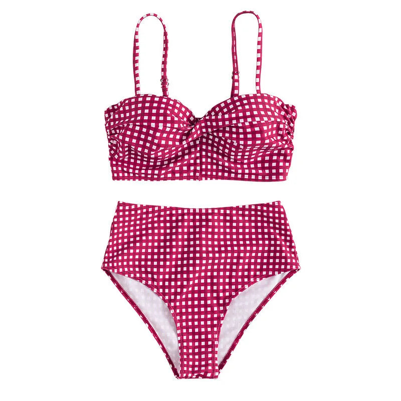 Women's plaid high-waist bikini swimsuit in rose red, black, blue or sky blue.