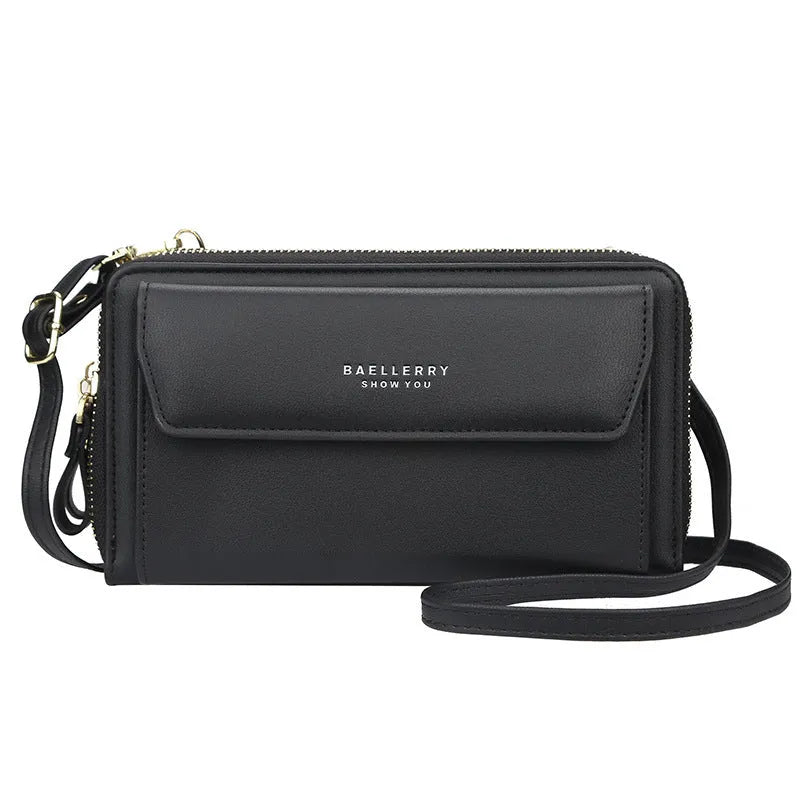 Ladies long wallet messenger bag in soft PU leather with double zipper and cross-body strap