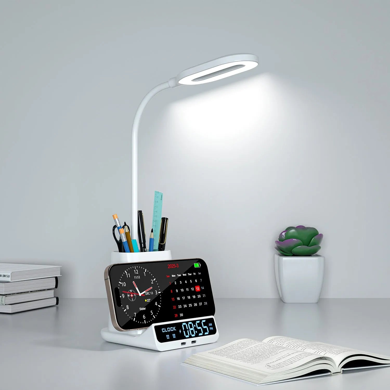 Modern minimalist desk lamp with wireless charging surface, pen holder, and storage compartments