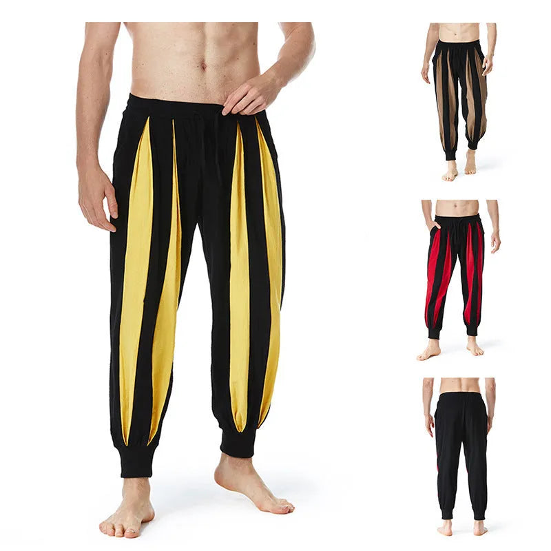 Men's straight-leg casual trousers in brown, khaki, red, and yellow colours for spring.