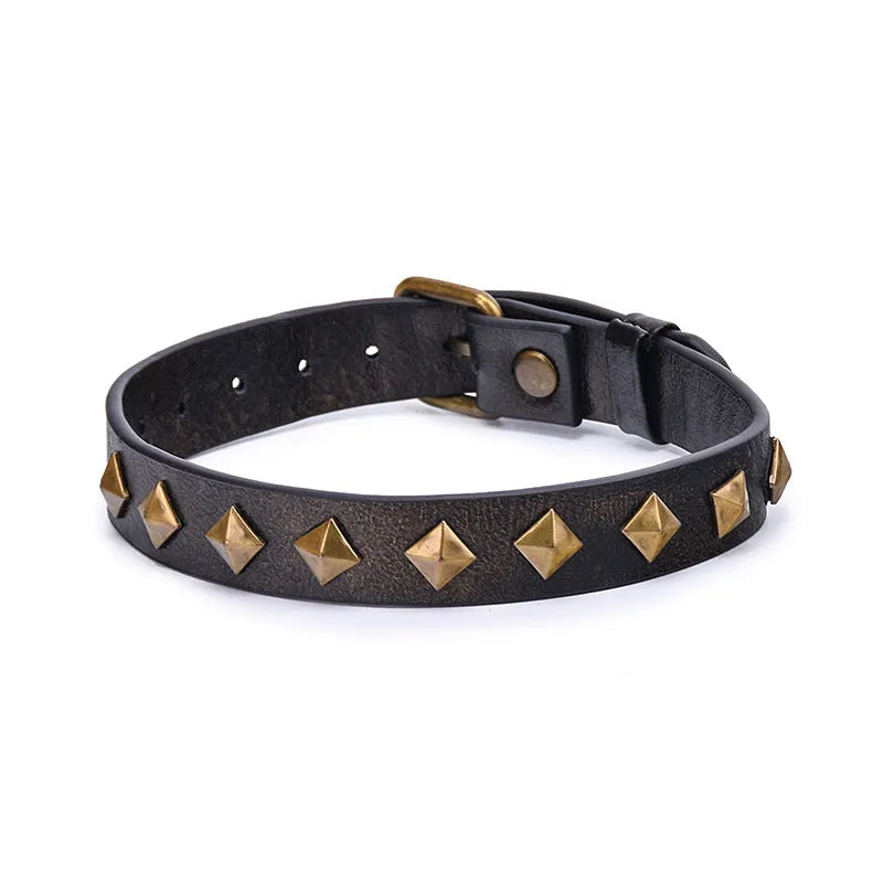 Bronze cowhide leather collar with rivets for punk retro style