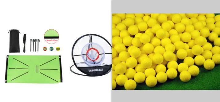 10 yellow PU foam indoor practice golf balls with 41mm diameter on a green surface