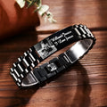 Titanium steel bracelet with curved heart-shaped piece featuring black lettering design
