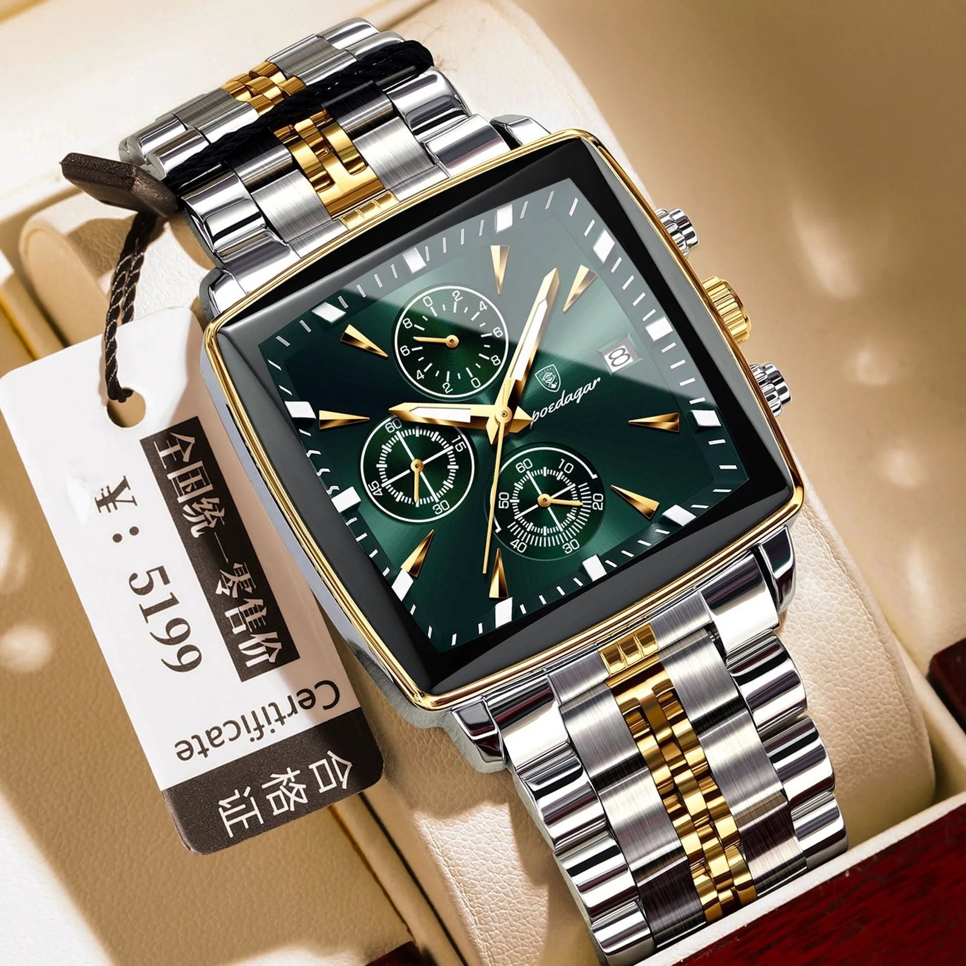 Square men's business quartz watch with stainless steel band and butterfly buckle in gold and blue colour combination.