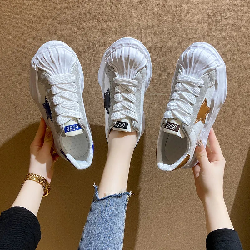 Brown women's casual sneakers with big head bread design, mid heel, round toe, and front lace-up fastening