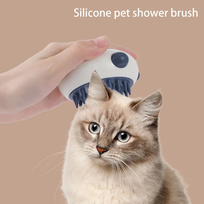 Panda-shaped silicone pet shower brush for bathing cats and dogs in blue.