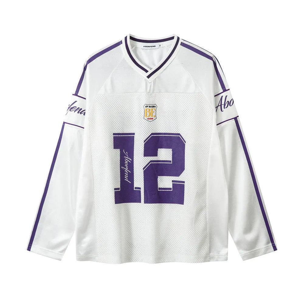 Men's digital printed long-sleeved V-neck jersey top in white with contrast colour design