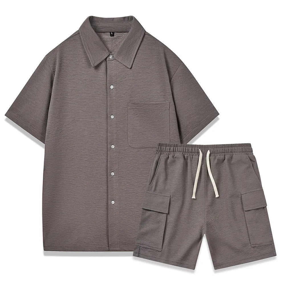 Young women's casual two-piece set with short sleeve top and elastic waist shorts in beige.
