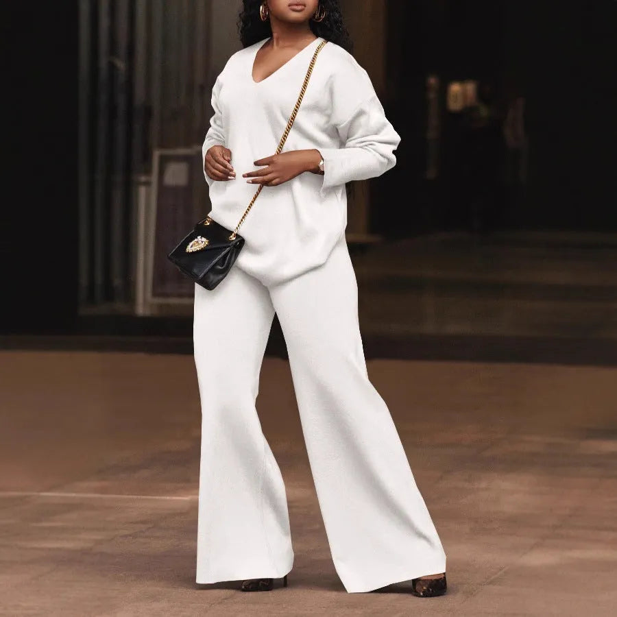 Women's brown thickened suede two-piece suit set with split sleeve design and full-length trousers