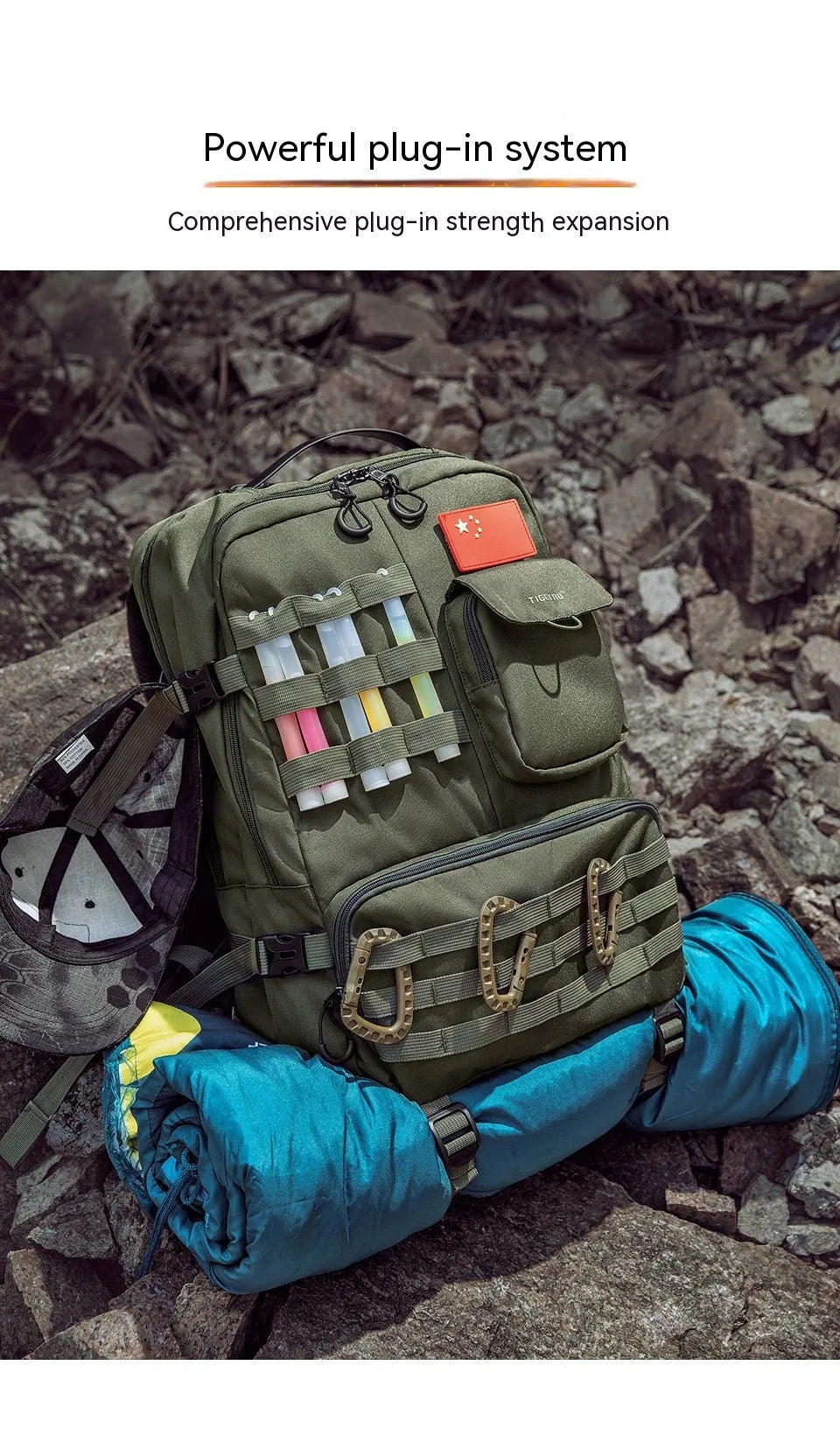 Army Green waterproof tactical backpack with 17-inch frame and 20-35 litre capacity