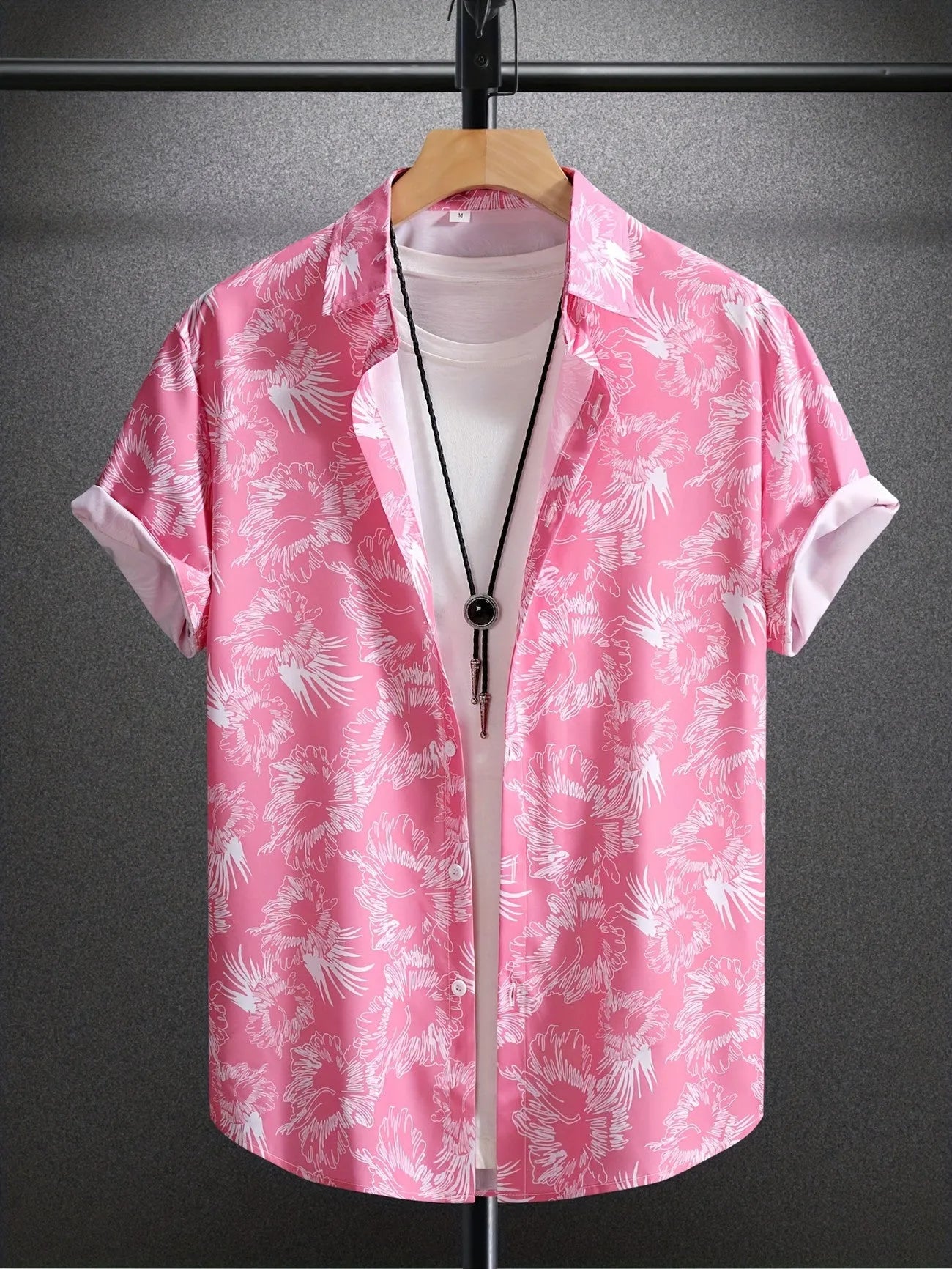Men's plaid short-sleeve shirt cardigan with contrast lapel in elastic polyester fabric