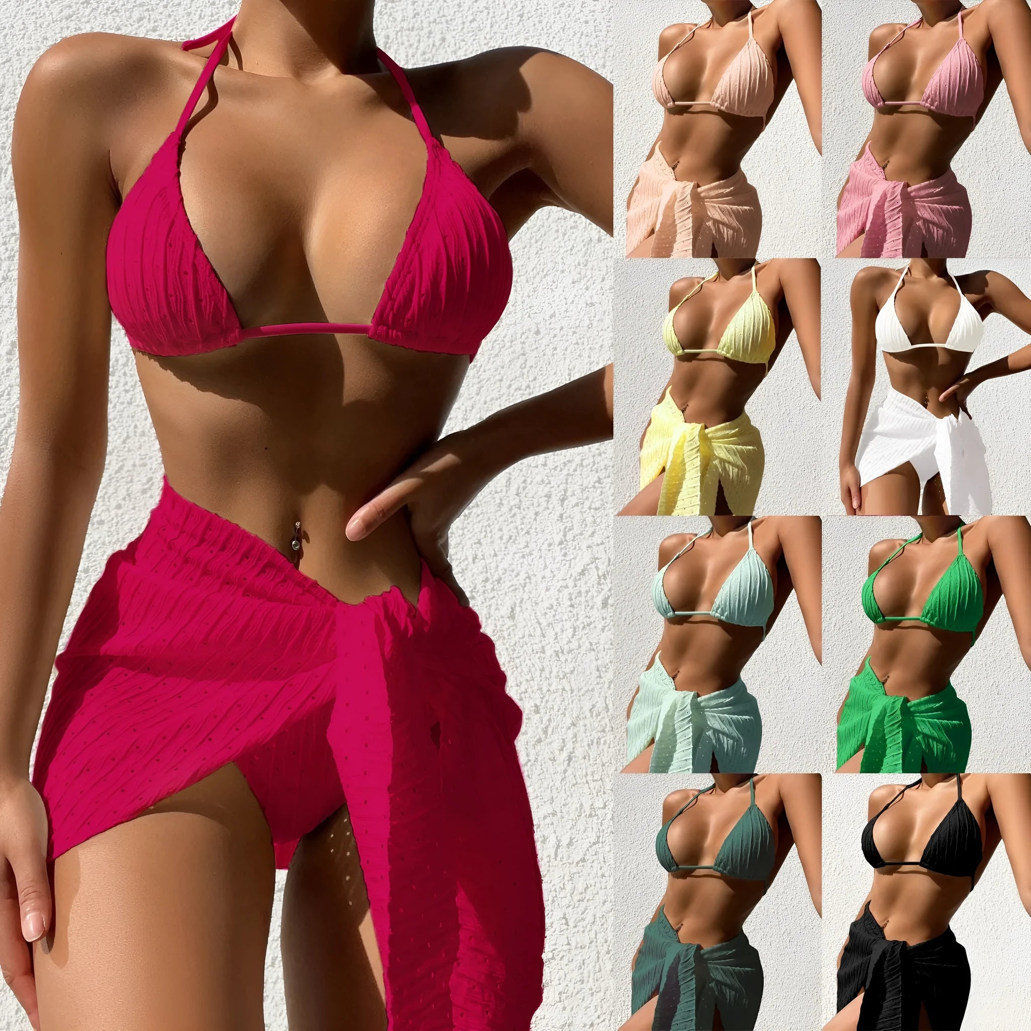 Women's halterneck swimsuit bikini set with mesh skirt in solid colour