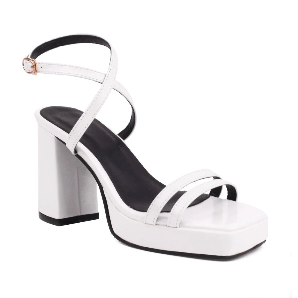 Summer square toe thin strap buckle wide strap high heels in microfiber, white colour option, side view