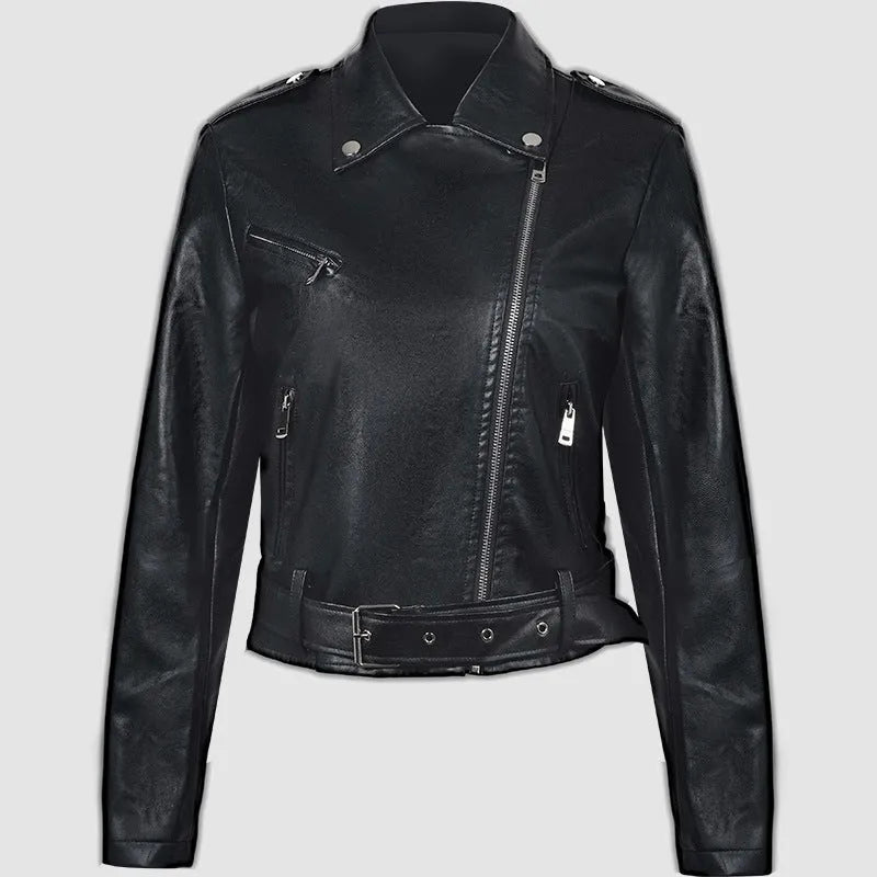 Women's black PU leather motorcycle jacket with short lapel and removable waist belt