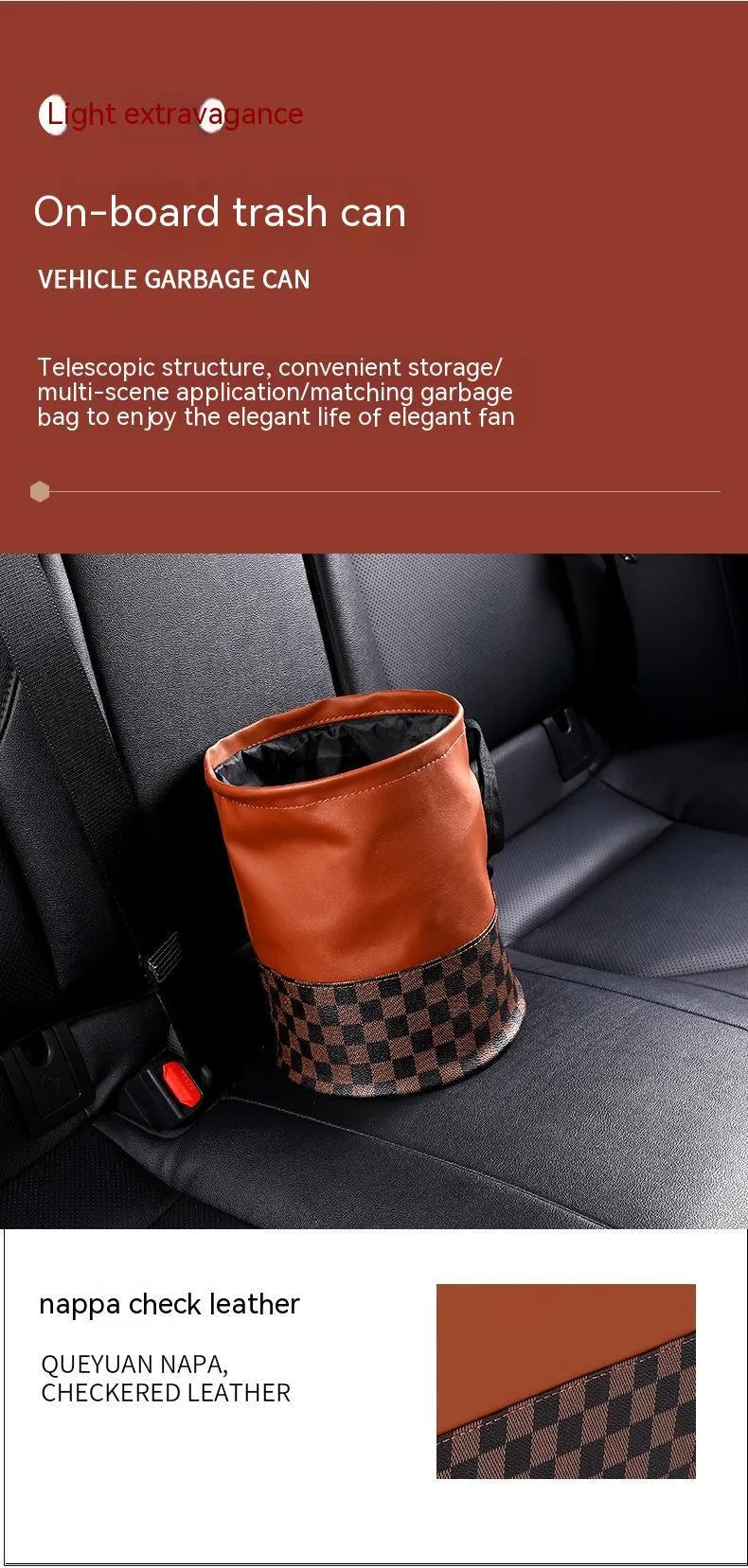 Tan retractable leather car trash can with handle in expanded position