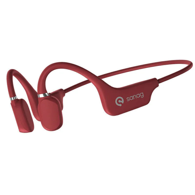 Bone conduction Bluetooth sports headphones with a neckband, shown in multiple colours including red and blue.