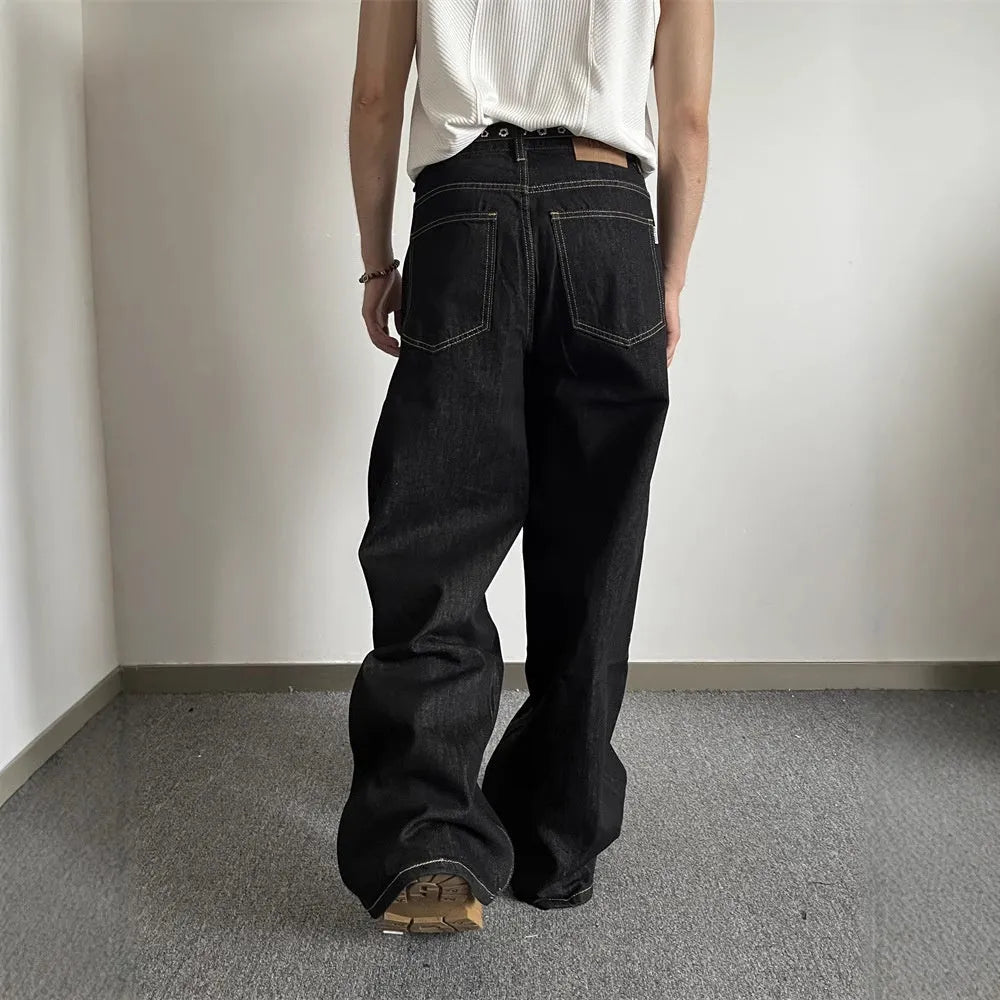Black loose wide-leg retro denim jeans with straight-leg styling and mid-waist construction