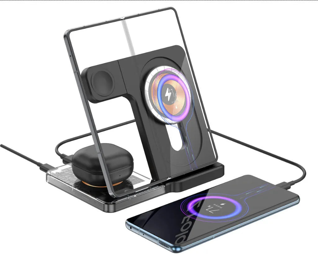 Black desktop magnetic three-in-one wireless charging stand with foldable hinge and night light on table
