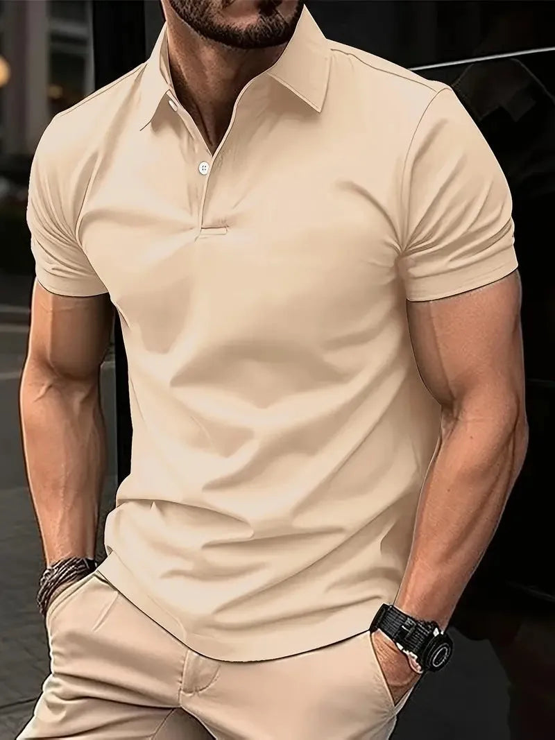 Men's slim-fit solid colour short sleeve button-up shirt in a cotton-mix fabric