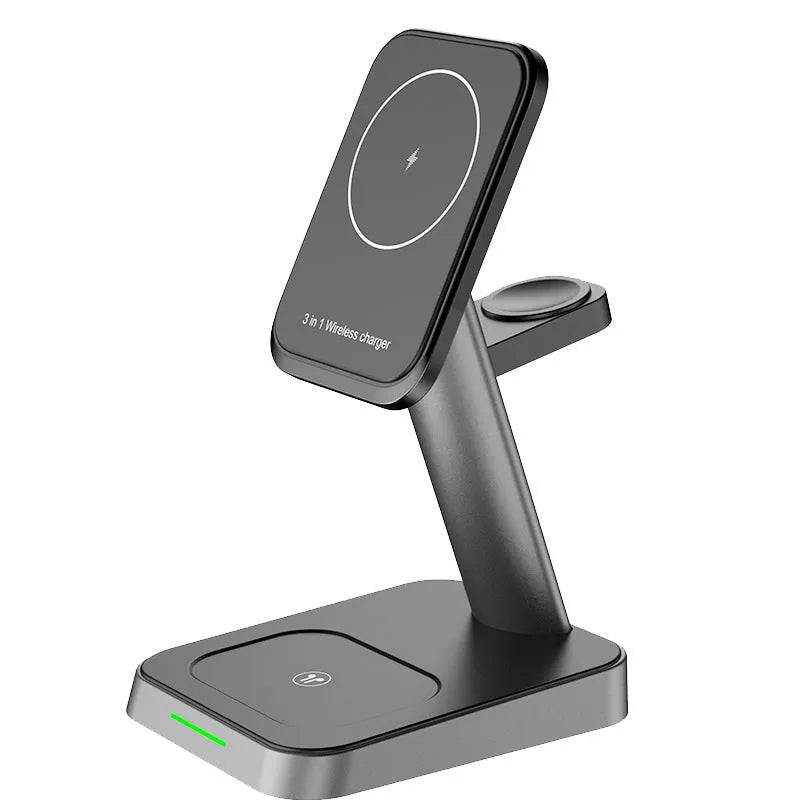 Black wireless three-in-one charger with 10,000mAh power bank and 15W fast charging
