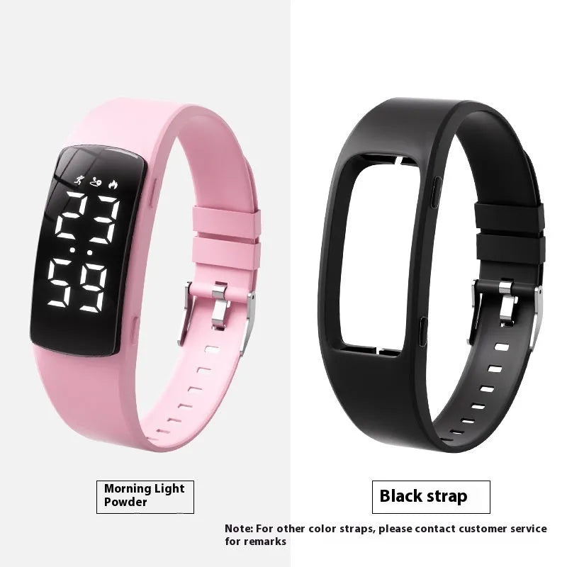 Vibration alarm smart watch with coloured silicone strap and LED display on wrist