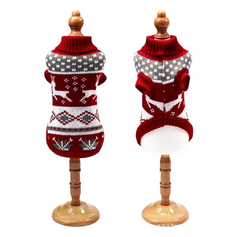 Christmas turtleneck knitting sweater dog clothing in acrylic knit, red reindeer pattern, on small dog