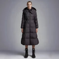 Women's long black hooded down jacket with 65cm medium length and A-line shape