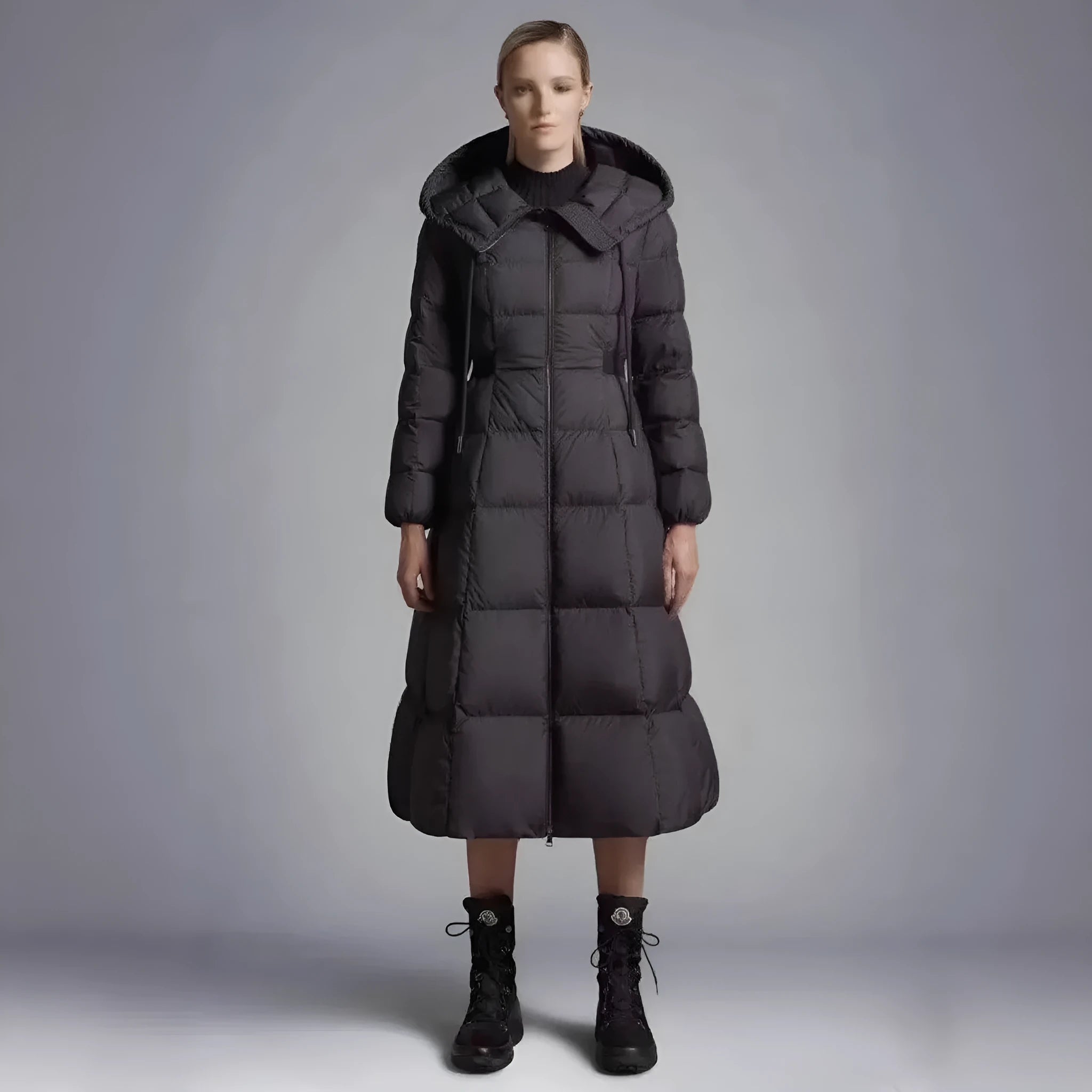 Women's long black hooded down jacket with 65cm medium length and A-line shape