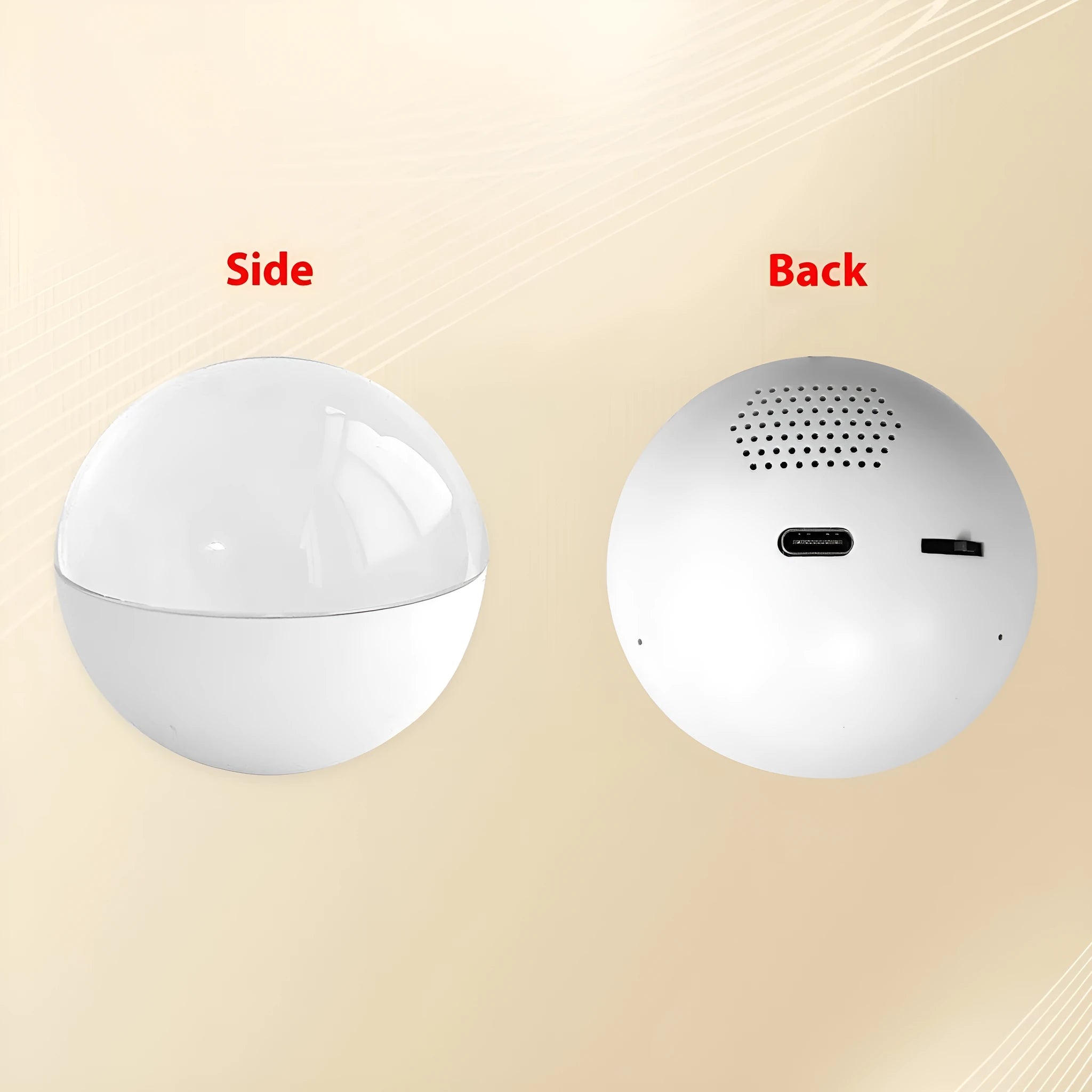 Spherical electronic video player with a round colour screen in orange, blue, white, pink, or black.