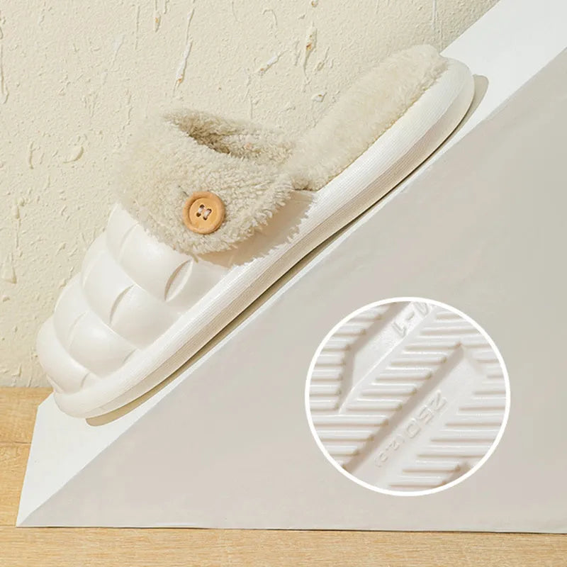 Plaid pattern detachable slippers with EVA sole and plush lining, shown in pink colour.