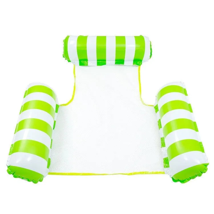 Striped inflatable floating bed in light blue and white, 124x99cm, on pool water surface