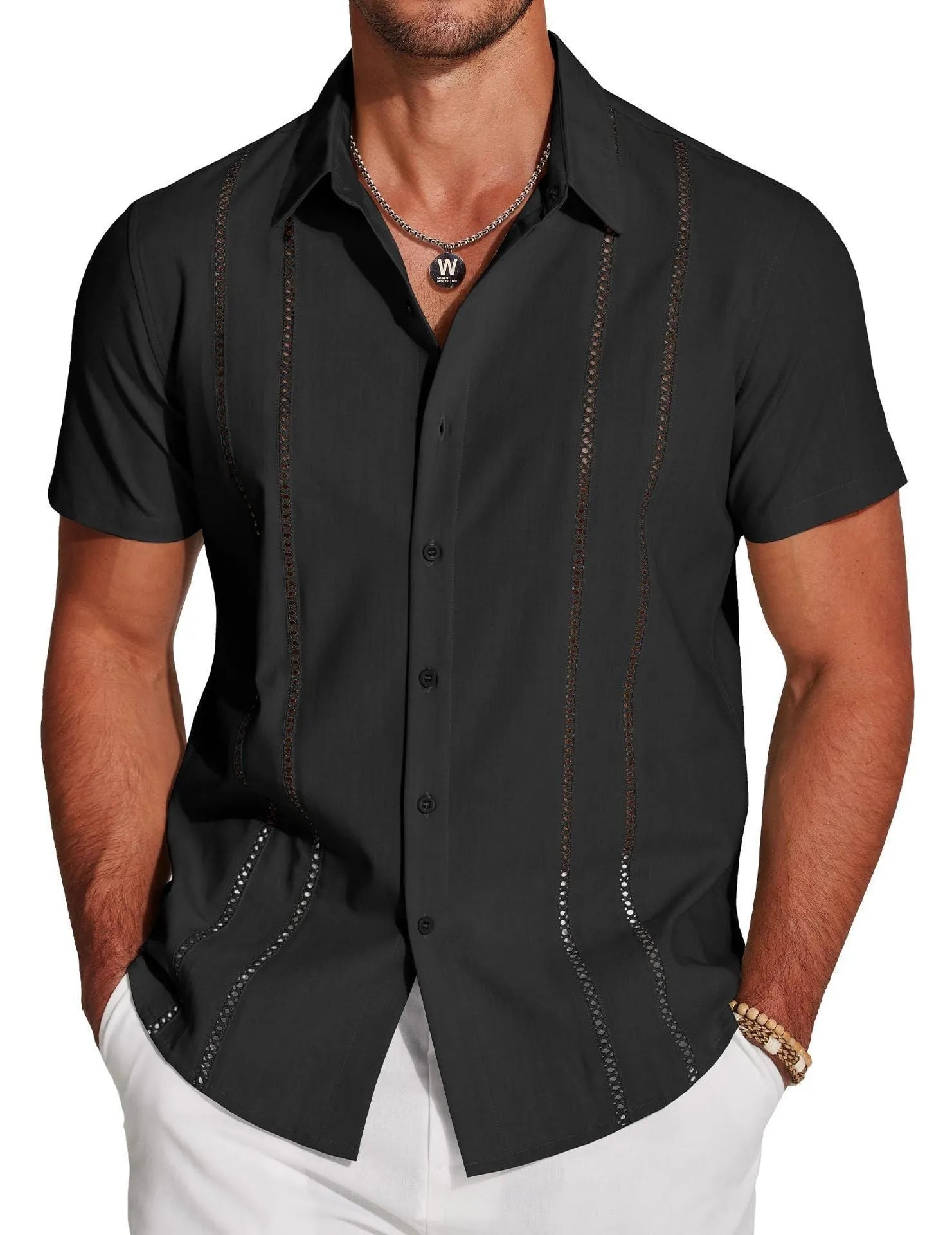 Men's slim fit Hawaiian shirt with digital print pattern and short sleeves showing elastic band construction