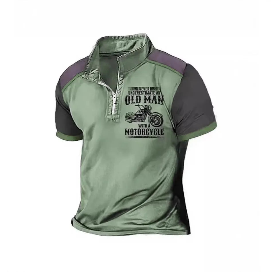 Men's casual polo shirt with lapel, zip decorations, and digital letter print in various colours.