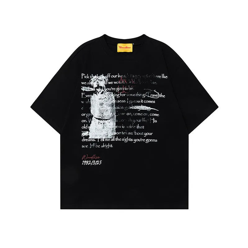 Men's black hip hop style cotton T-shirt with white letter printing and loose fit