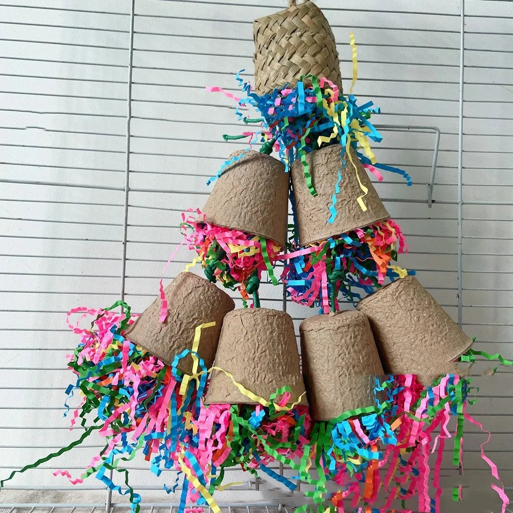 Parrot paper cup palm weaving gnawing toy with wooden element hanging at 38cm height